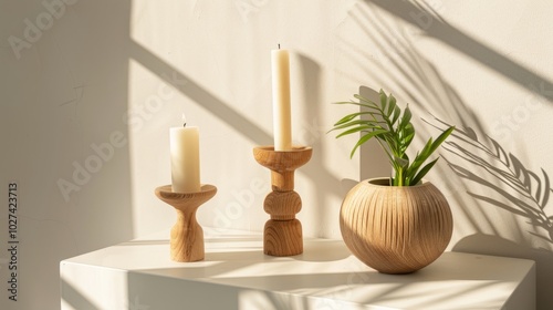 Wooden candlesticks with burning candles on white podium.