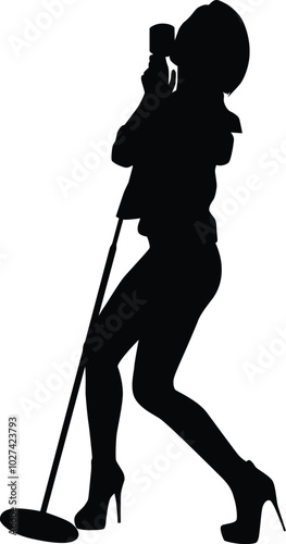Female singer silhouette illustration. Women sing pose full body in black