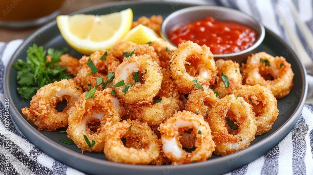 A plate of crispy fried calamari rings with lemon wedges and a side of marinara sauce.