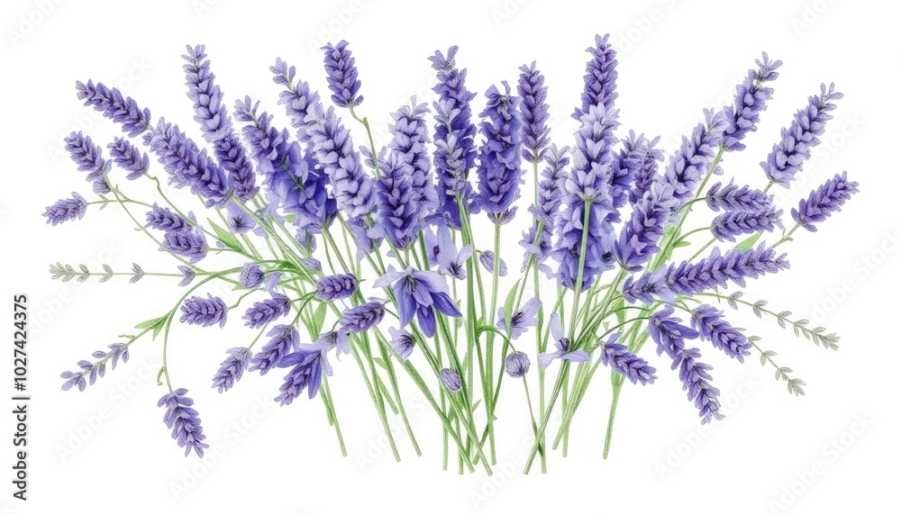 Fototapeta premium Set of lavender flowers: bouquet of lavender flowers on isolated white background, watercolor painting, hand drawing AI Generate
