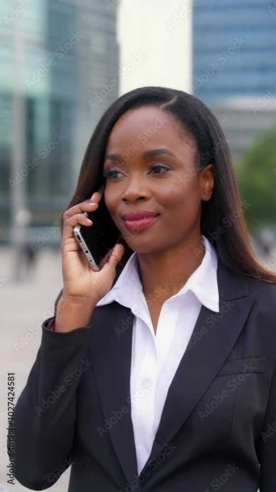 An African-American businesswoman talks on her cell phone. Vertical video. 4k. An African-American businesswoman talks on her cell phone. Vertical video. 4k.