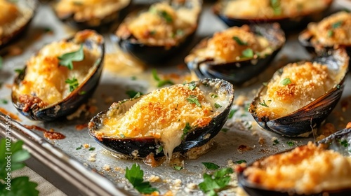 Baked Mussels with Herb Topping on Baking Tray photo