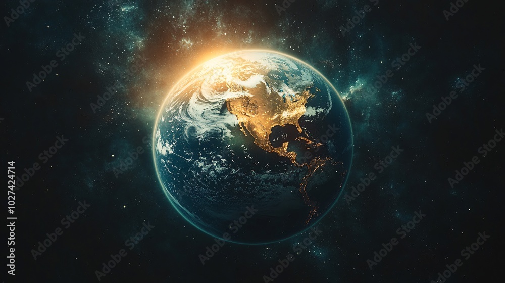 Fototapeta premium Earth Glowing in Blue Light from Space
