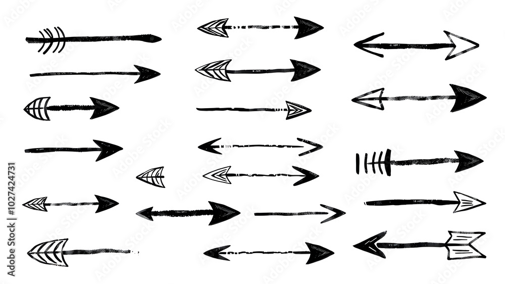 Naklejka premium Brush, marker drawn bold arrows set. Collection of hand drawn doodle thick arrows in different directions. Generative AI