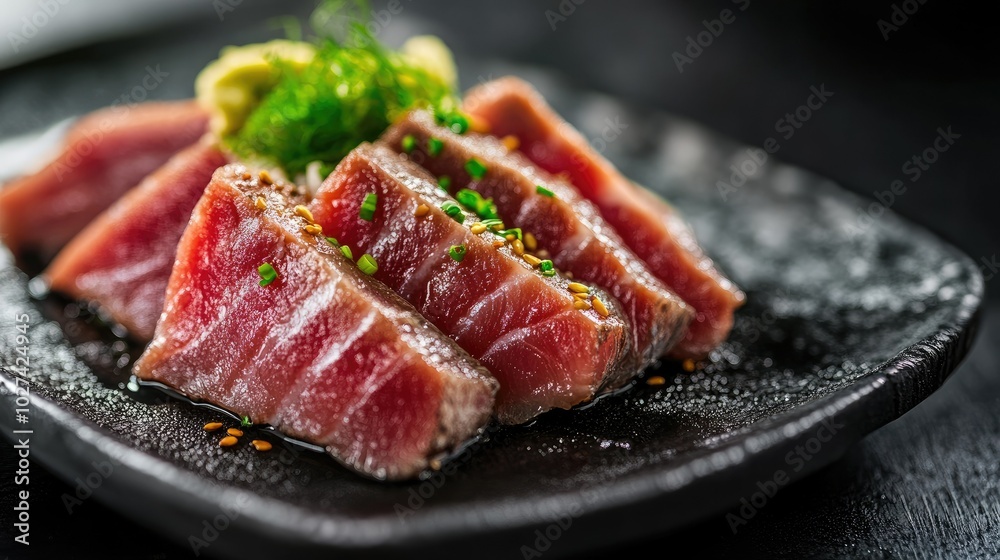 Fresh Slices of Tuna on Black Plate Garnished with Herbs Fresh Slices of Tuna on Black Plate Garnished with Herbs