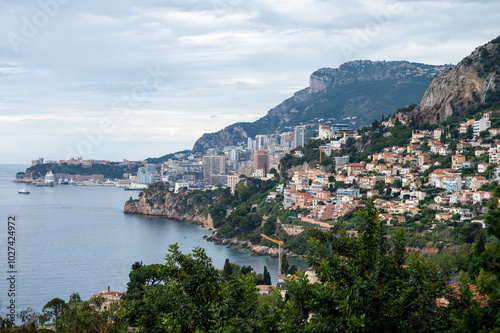 Morning view on houses and harbour of Monte-Carlo town in Monaco principality