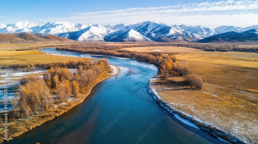 Fototapeta premium Serene River Landscape in Majestic Mountain Range