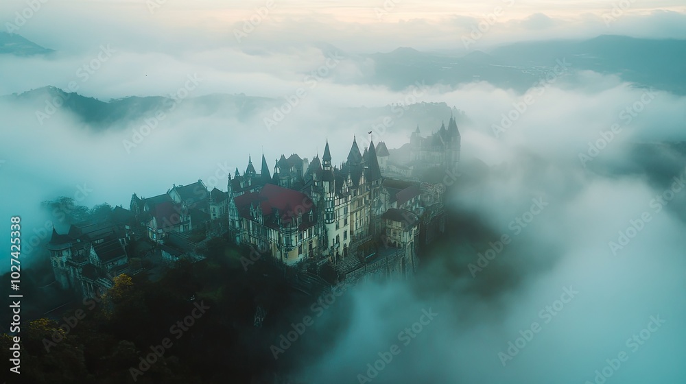 Fototapeta premium Mysterious Castle Above Enveloped in Fog