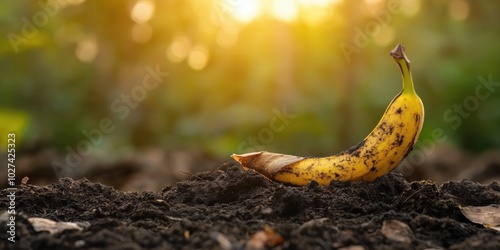 A ripe banana is seen resting on dark, nutrient-rich soil, highlighted by warm sunlight, symbolizing growth and natural cycles in an earthy scene. photo