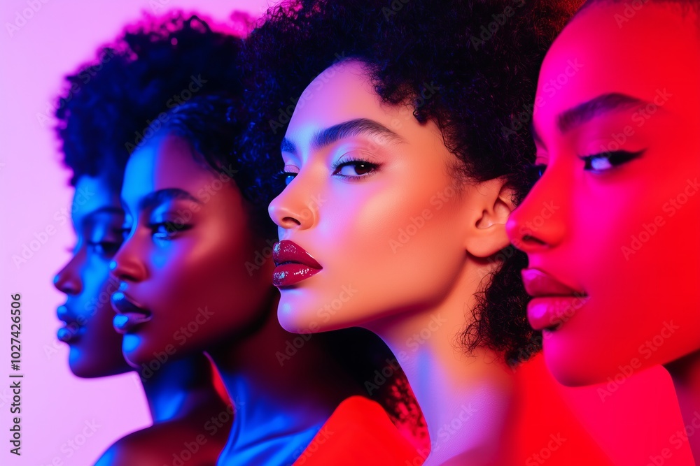 group of models with different skin tones, showcasing vibrant lip colors and glowing highlighter in a minimalistic studio setting group of models with different skin tones, showcasing vibrant lip colors and glowing highlighter in a minimalistic studio setting