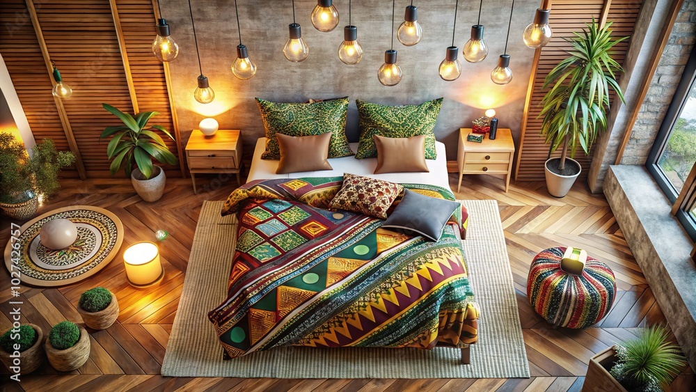 Modern African Style Bedroom Interior with Bokeh Effect - 3D Rendering for Trendy Home Decor Inspiration Modern African Style Bedroom Interior with Bokeh Effect - 3D Rendering for Trendy Home Decor Inspiration