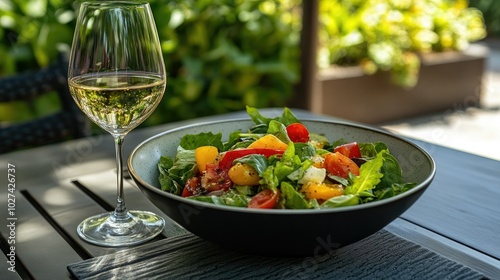 Fresh Salad with White Wine on a Table Outdoors