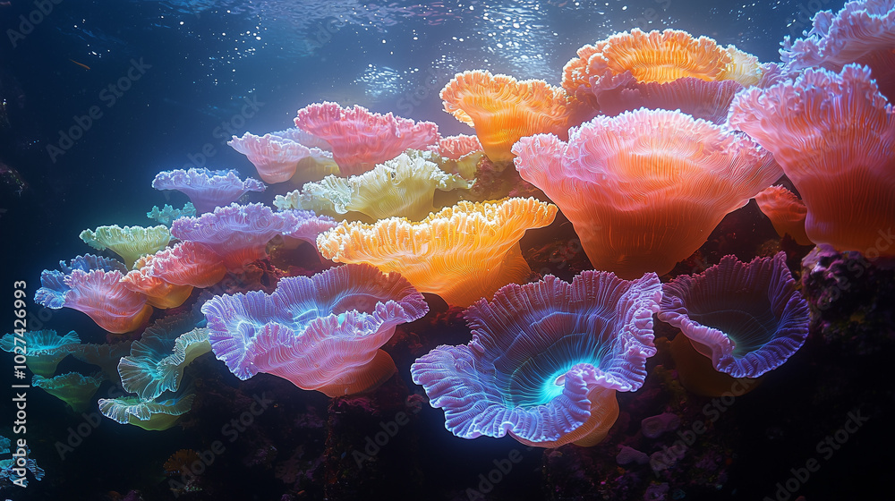 Naklejka premium underwater kaleidoscope, an array of bright corals illuminating the depths with their neon presence