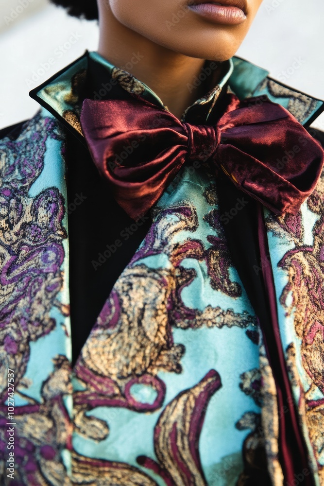 Elegant Fashion Close-up: A model showcases an intricately designed scarf with luxurious colors and textures, perfect for fashion illustrations. Elegant Fashion Close-up: A model showcases an intricately designed scarf with luxurious colors and textures, perfect for fashion illustrations.