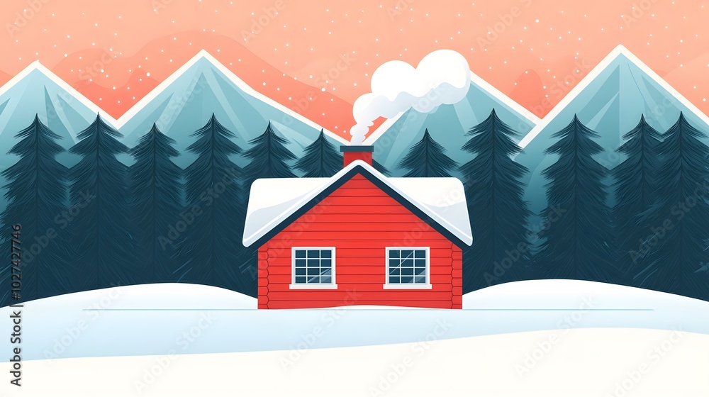 Fototapeta premium A charming red cabin sits among tall pine trees, covered in snow, with soft smoke rising from its chimney. Winter Warmth Concept