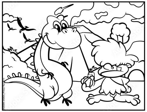 Little caveman cartoon characters playing catch ball with dinosaur as him pets, With ancient volcano background. Best for coloring book with dinosaurs themes for kids