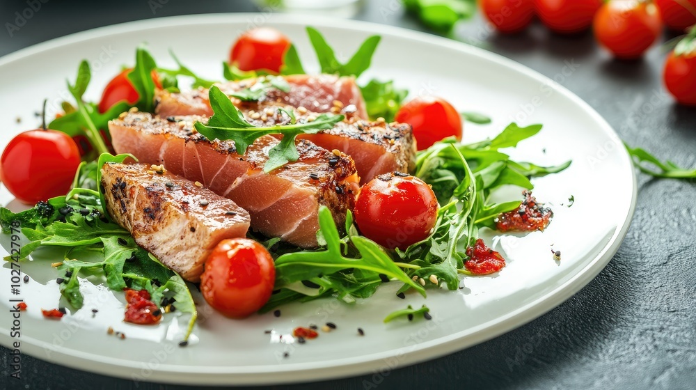 Grilled Salmon with Tomatoes on Fresh Greens Grilled Salmon with Tomatoes on Fresh Greens