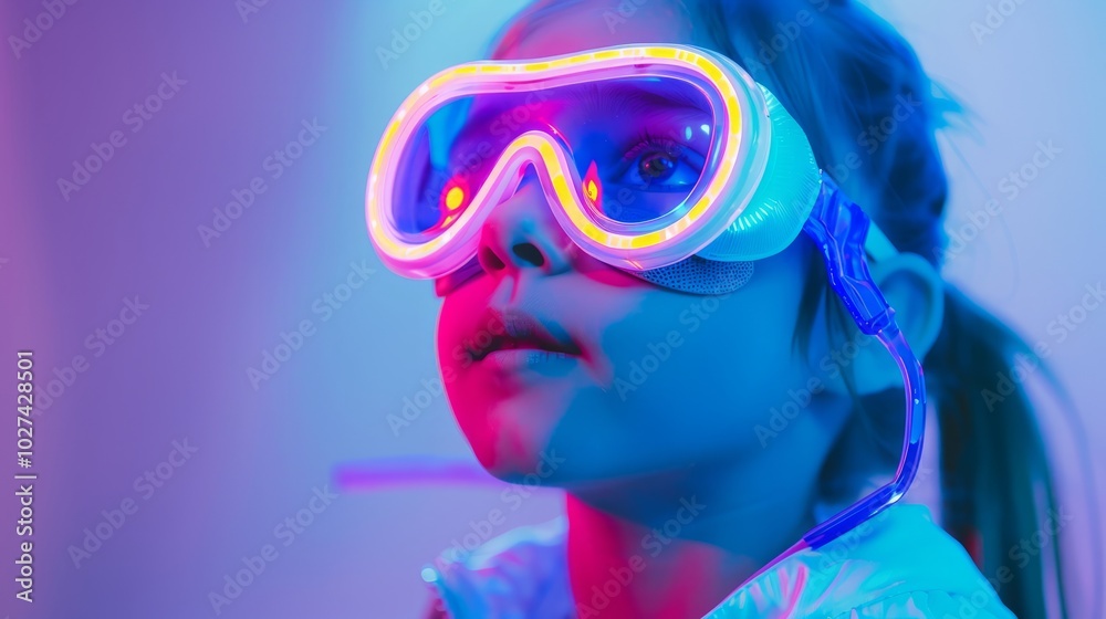 Portrait of a little girl in futuristic glasses on a purple background. Portrait of a little girl in futuristic glasses on a purple background.