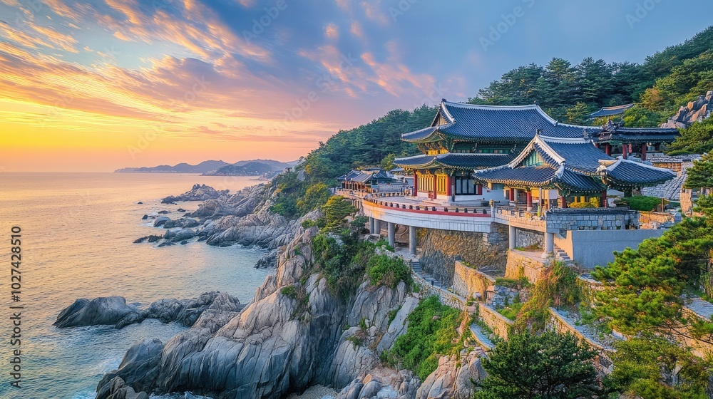 Serene Coastal Temple at Sunset with Colorful Skies Serene Coastal Temple at Sunset with Colorful Skies