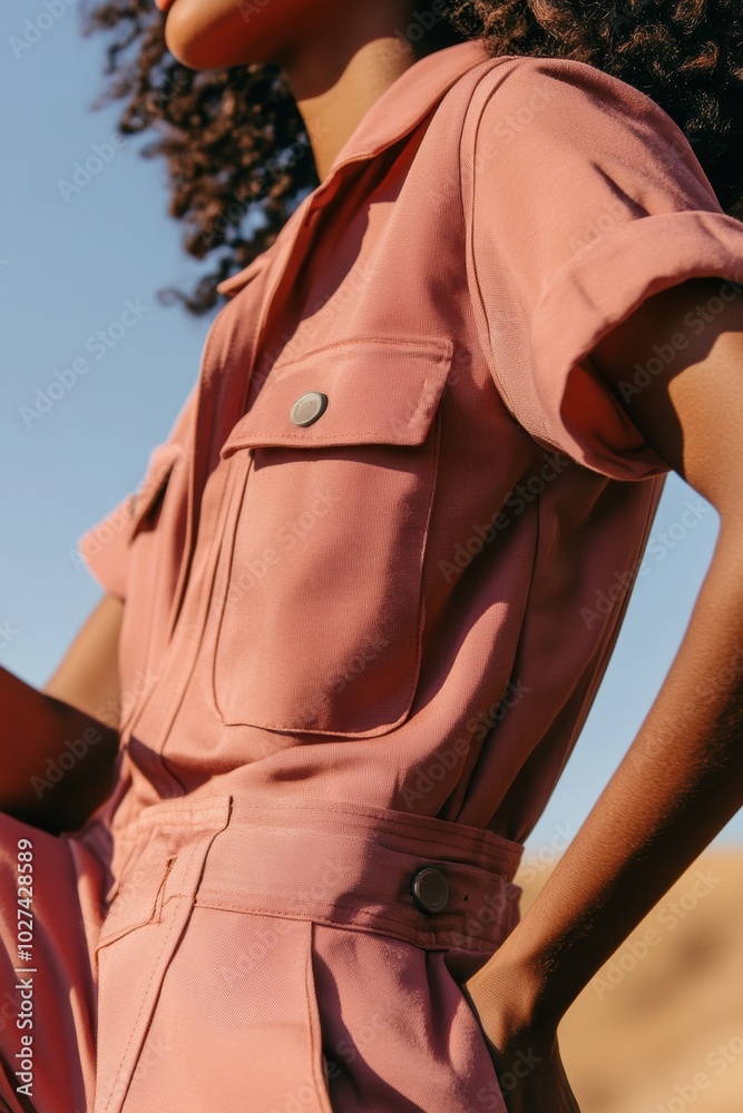 Fototapeta premium Fashionable outdoor portrait showcasing a model in a pink jumpsuit against a blue sky; ideal for fashion marketing and inspiration.