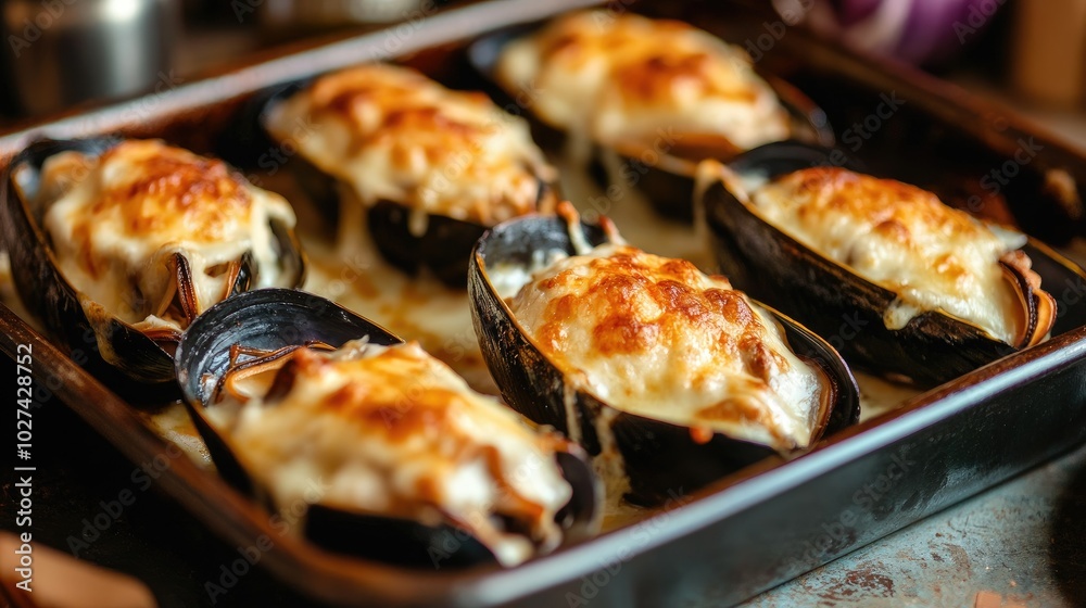 Baked Mussels with Cheese Topping on a Tray Baked Mussels with Cheese Topping on a Tray