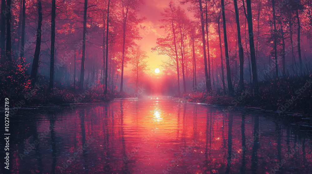 evening sun casts fiery glows on a red forest, with perfect reflections in the water creating a mystic, serene ambiance