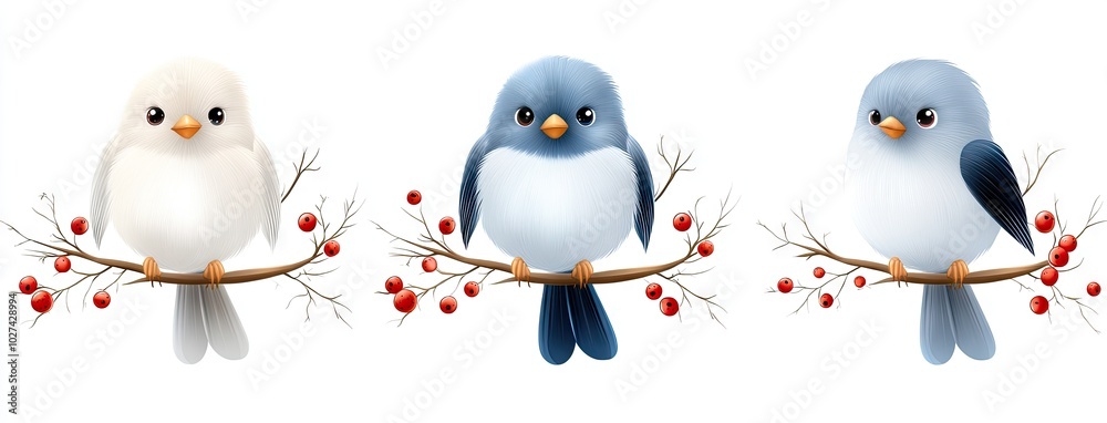 Winter wonderland with cheerful blue and white birds perched on hawthorn branches amidst snow and red berries Winter wonderland with cheerful blue and white birds perched on hawthorn branches amidst snow and red berries