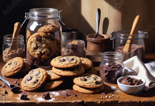 A glass jar filled with chocolate chip cookies in the wooden background photo