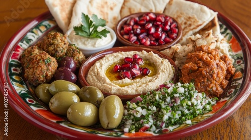 A platter of Middle Eastern mezze with hummus, olives, falafel, baba ghanoush, pomegranate seeds, and pita bread.