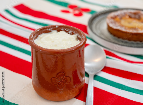 Basque sheep’s milk curd dessert Mamia or Cuajada, Curd, maman, gatzatua or gaztanbera Original Basque Dessert curdled with rennet photo