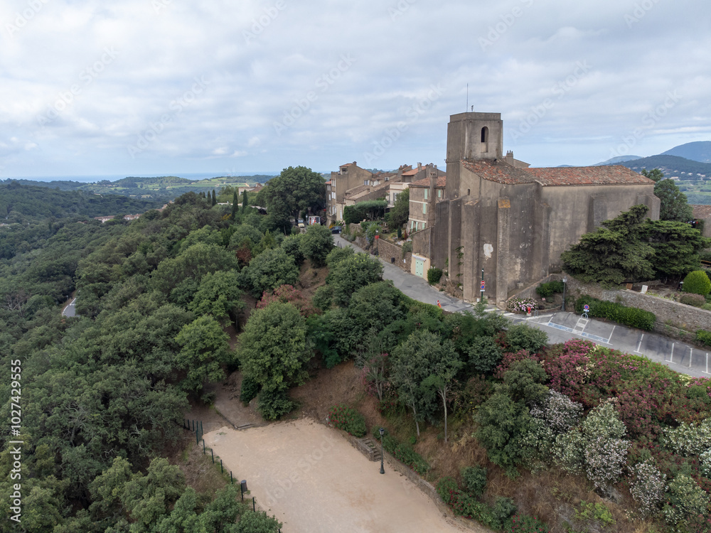Fototapeta premium Landscape of French Riviera, view on hills, houses and green vineyards from above Cotes de Provence, production of rose wine near Saint-Tropez and Pampelonne beach, Var, France