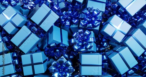 Blue gift boxes with ribbons falling on green screen. Video transition	
