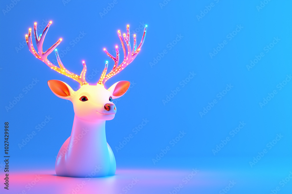 Neon reindeer tree with Christmas lights. Minimal New Year concept. Neon reindeer tree with Christmas lights. Minimal New Year concept.