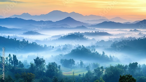 Serene Misty Mountains at Sunrise