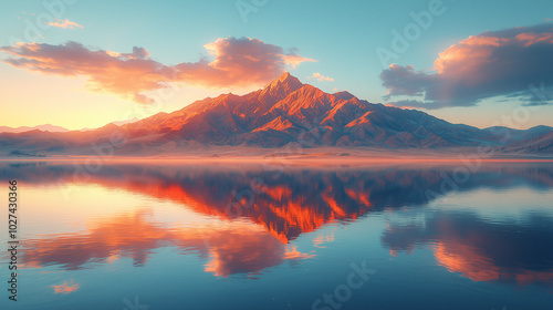 golden hour light illuminates a majestic mountain backdrop reflected in a tranquil lake