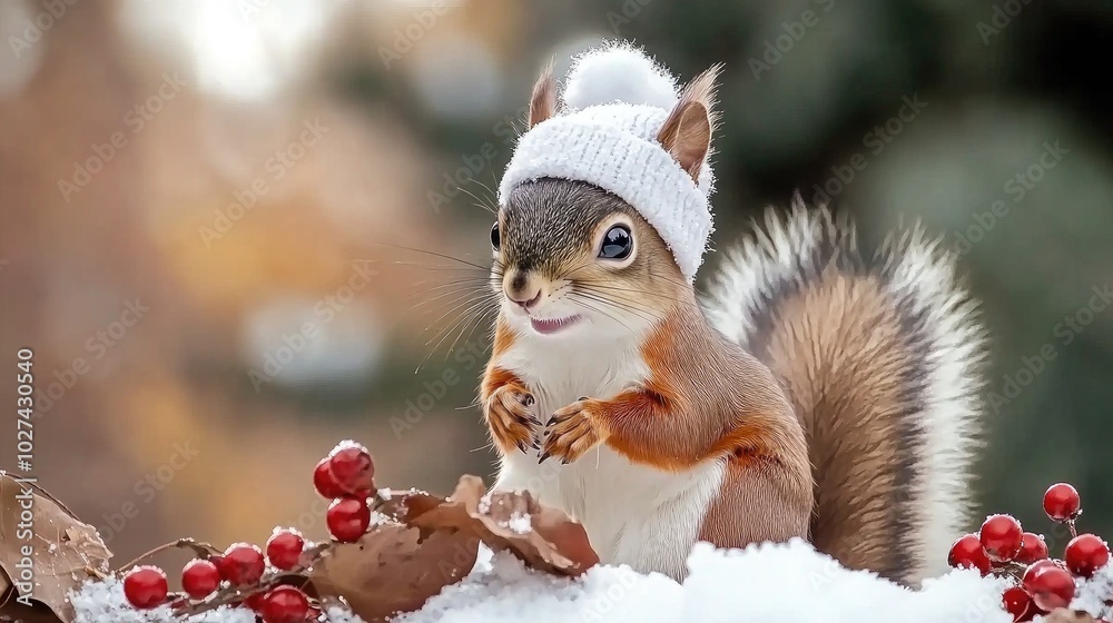 A charming squirrel in a stylish white coat and hat joyfully poses amidst a serene winter forest, embracing the beauty of snow A charming squirrel in a stylish white coat and hat joyfully poses amidst a serene winter forest, embracing the beauty of snow