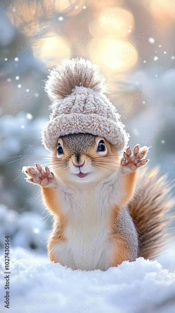 A charming squirrel in a stylish white coat and hat joyfully poses amidst a serene winter forest, embracing the beauty of snow A charming squirrel in a stylish white coat and hat joyfully poses amidst a serene winter forest, embracing the beauty of snow