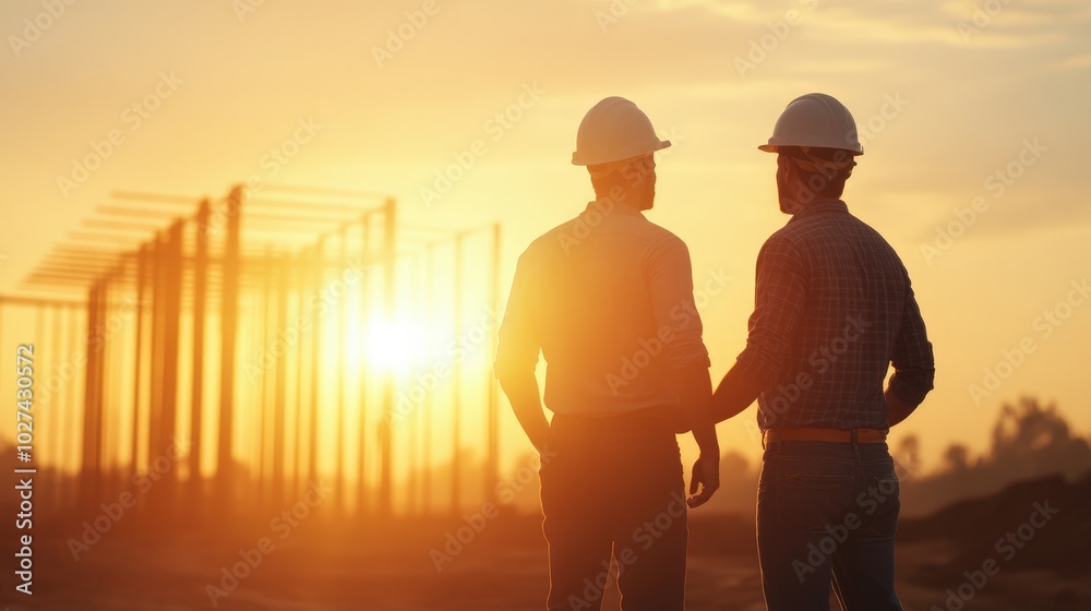 Fototapeta premium Architect and Engineer at Construction Site During Sunset