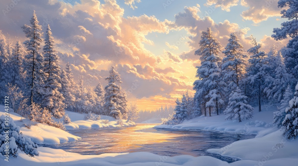 Beautiful winter scene with snow-covered forests, icy rivers, and soft sunlight filtering through the clouds, creating a serene landscape Beautiful winter scene with snow-covered forests, icy rivers, and soft sunlight filtering through the clouds, creating a serene landscape