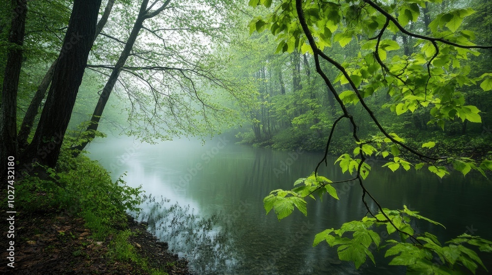 Rain falling softly on a quiet forest, with vibrant green leaves and a calm river winding through the misty landscape Rain falling softly on a quiet forest, with vibrant green leaves and a calm river winding through the misty landscape