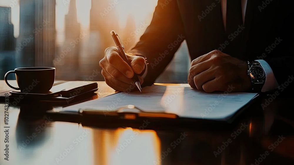 Businessman writing notes with a pen at sunset in a modern office. Businessman writing notes with a pen at sunset in a modern office.