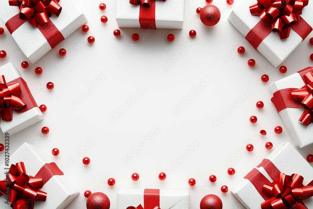 White background adorned with red ribbons and gifts, creating an elegant Christmas frame for text or decoration.Minimalist creative Christmas holiday concept.Flat lay White background adorned with red ribbons and gifts, creating an elegant Christmas frame for text or decoration.Minimalist creative Christmas holiday concept.Flat lay