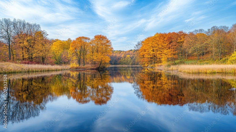 Stunning autumn landscape featuring colorful trees with golden leaves and a calm river reflecting the vibrant fall colors Stunning autumn landscape featuring colorful trees with golden leaves and a calm river reflecting the vibrant fall colors