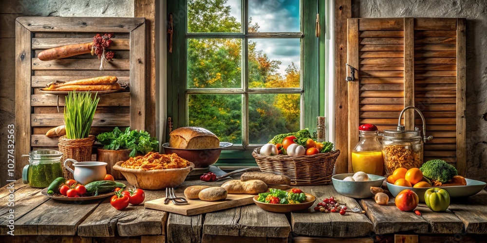 Rustic Food Photography with Old Wooden Window and White Shutters for Cozy Atmosphere Rustic Food Photography with Old Wooden Window and White Shutters for Cozy Atmosphere