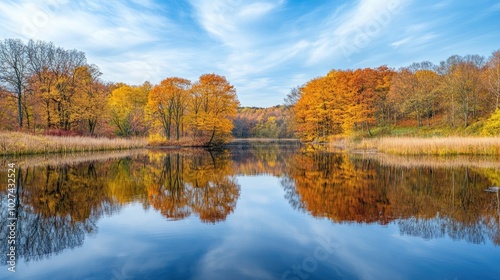 Stunning autumn landscape featuring colorful trees with golden leaves and a calm river reflecting the vibrant fall colors