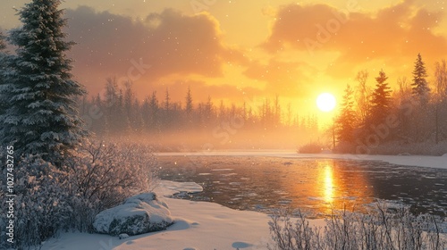 Winter wonderland with snow-covered pine trees, a frozen lake, and a glowing sunset casting a warm light over the landscape