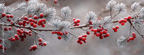 Enchanting frost-covered red berries on evergreen branches transform the winter landscape into a magical wonderland of nature's artistry