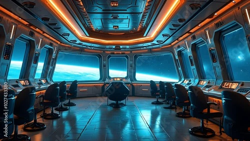Futuristic Spaceship Bridge with View of Earth