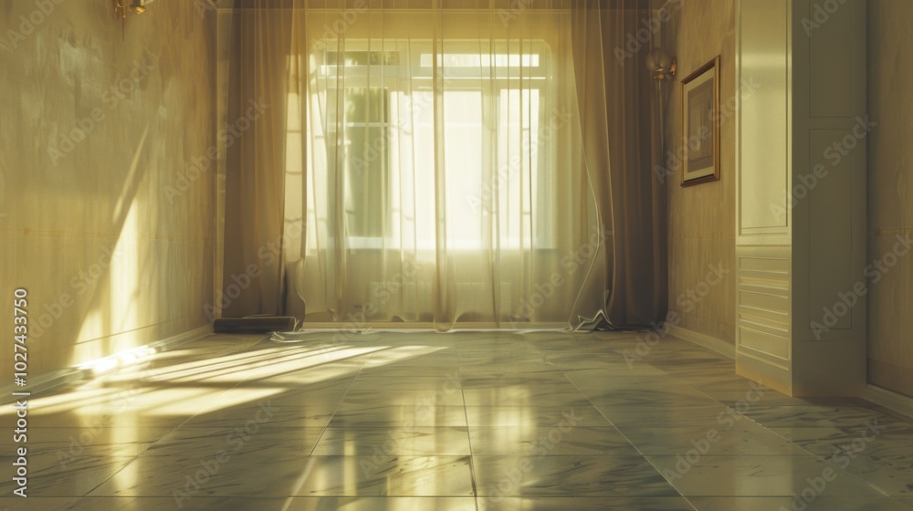 Interior of empty room with window and floor tiles. Interior of empty room with window and floor tiles.