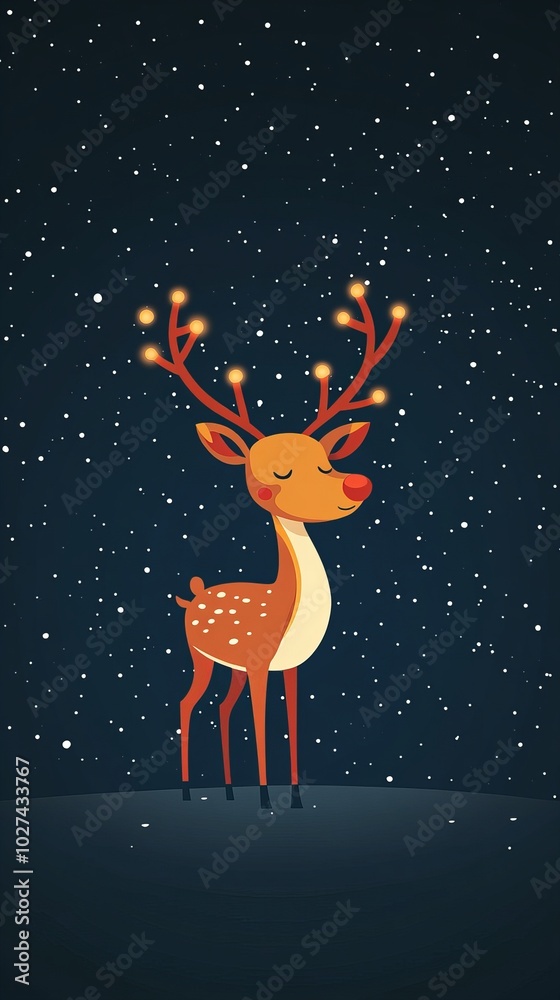 A cute cartoon reindeer with twinkling lights on its antlers stands in a snowy field under a starry night sky. A cute cartoon reindeer with twinkling lights on its antlers stands in a snowy field under a starry night sky.